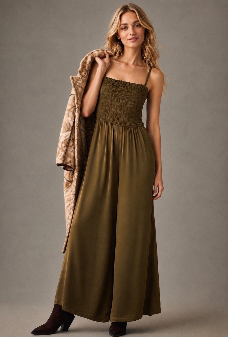 Pilcro Anthropologie Olive Smocked Wide Leg Jumpsuit Stretch Pockets Small Boho